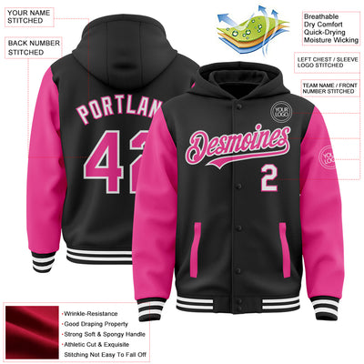 Custom Black Pink-White Bomber Full-Snap Varsity Letterman Two Tone Hoodie Jacket