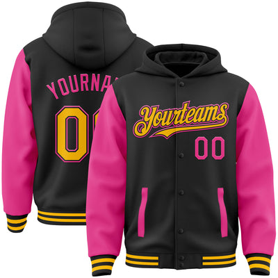 Custom Black Gold-Pink Bomber Full-Snap Varsity Letterman Two Tone Hoodie Jacket