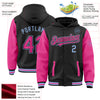 Custom Black Pink-Light Blue Bomber Full-Snap Varsity Letterman Two Tone Hoodie Jacket