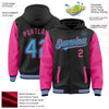 Custom Black Sky Blue-Pink Bomber Full-Snap Varsity Letterman Two Tone Hoodie Jacket