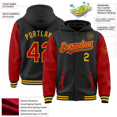 Custom Black Red-Gold Bomber Full-Snap Varsity Letterman Two Tone Hoodie Jacket