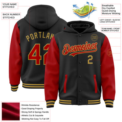 Custom Black Red-Old Gold Bomber Full-Snap Varsity Letterman Two Tone Hoodie Jacket