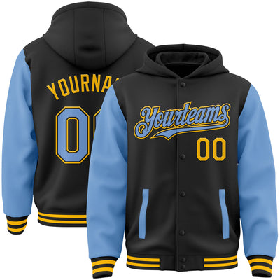 Custom Black Light Blue-Gold Bomber Full-Snap Varsity Letterman Two Tone Hoodie Jacket