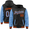 Custom Black Light Blue-Orange Bomber Full-Snap Varsity Letterman Two Tone Hoodie Jacket