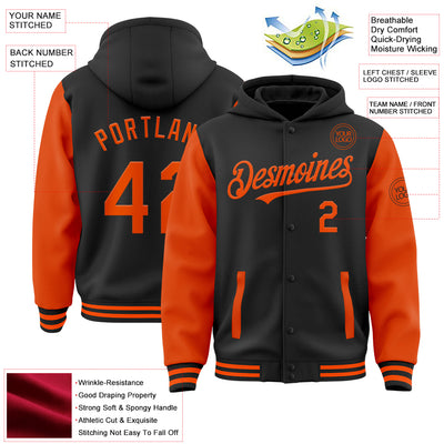 Custom Black Orange Bomber Full-Snap Varsity Letterman Two Tone Hoodie Jacket