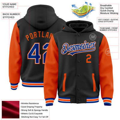 Custom Black Royal-Orange Bomber Full-Snap Varsity Letterman Two Tone Hoodie Jacket