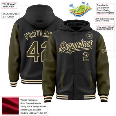 Custom Black Olive-Cream Bomber Full-Snap Varsity Letterman Two Tone Hoodie Jacket