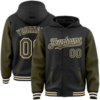 Custom Black Olive-Cream Bomber Full-Snap Varsity Letterman Two Tone Hoodie Jacket