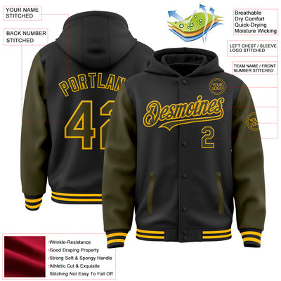 Custom Black Olive-Gold Bomber Full-Snap Varsity Letterman Two Tone Hoodie Jacket