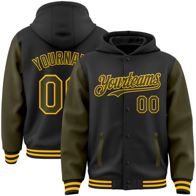 Custom Black Olive-Gold Bomber Full-Snap Varsity Letterman Two Tone Hoodie Jacket