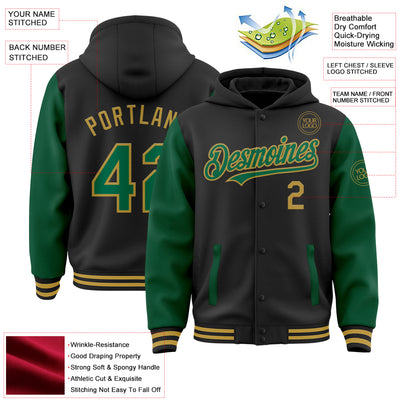 Custom Black Kelly Green-Old Gold Bomber Full-Snap Varsity Letterman Two Tone Hoodie Jacket