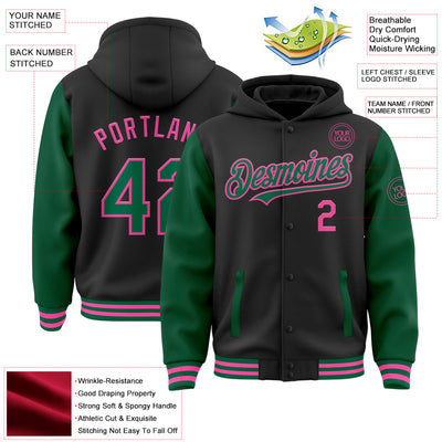 Custom Black Kelly Green-Pink Bomber Full-Snap Varsity Letterman Two Tone Hoodie Jacket