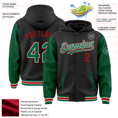 Custom Black Kelly Green-Red Bomber Full-Snap Varsity Letterman Two Tone Hoodie Jacket