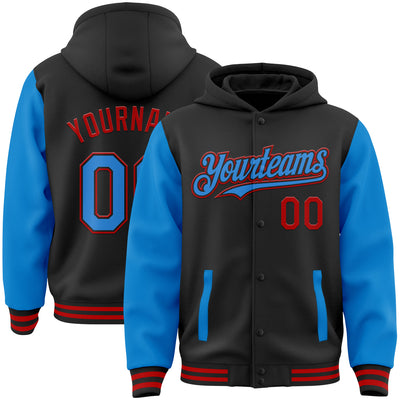 Custom Black Powder Blue-Red Bomber Full-Snap Varsity Letterman Two Tone Hoodie Jacket