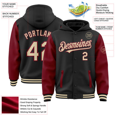 Custom Black Cream-Crimson Bomber Full-Snap Varsity Letterman Two Tone Hoodie Jacket