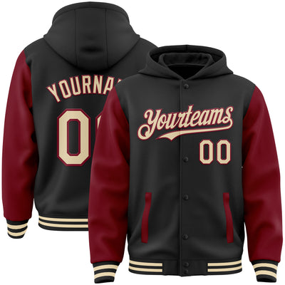 Custom Black Cream-Crimson Bomber Full-Snap Varsity Letterman Two Tone Hoodie Jacket