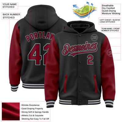 Custom Black Crimson-Gray Bomber Full-Snap Varsity Letterman Two Tone Hoodie Jacket