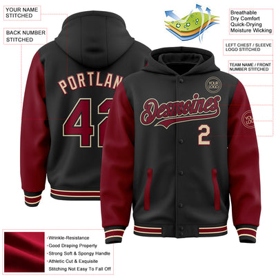 Custom Black Crimson-City Cream Bomber Full-Snap Varsity Letterman Two Tone Hoodie Jacket