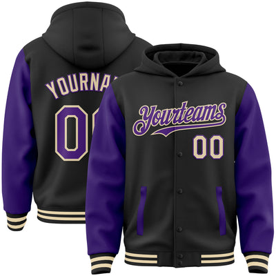 Custom Two Tone Hoodie Jacket Black Purple Cream Bomber Full Snap Varsity Letterman FansIdea