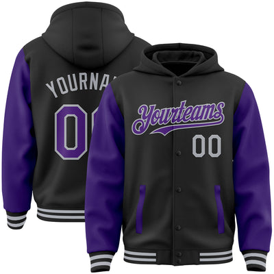 Custom Black Purple-Gray Bomber Full-Snap Varsity Letterman Two Tone Hoodie Jacket