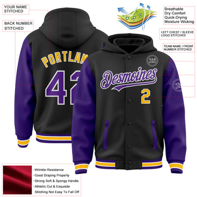 Custom Black Purple-Gold Bomber Full-Snap Varsity Letterman Two Tone Hoodie Jacket