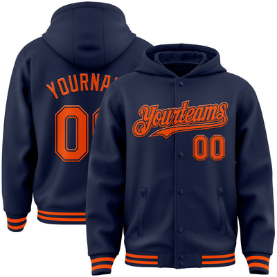 Custom Navy Orange Bomber Full-Snap Varsity Letterman Hoodie Jacket