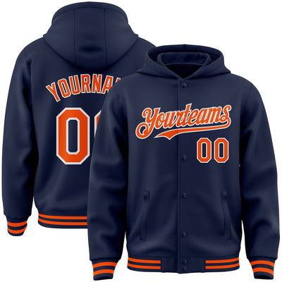 Custom Navy Orange-White Bomber Full-Snap Varsity Letterman Hoodie Jacket