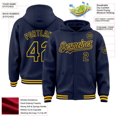 Custom Navy Gold Bomber Full-Snap Varsity Letterman Hoodie Jacket