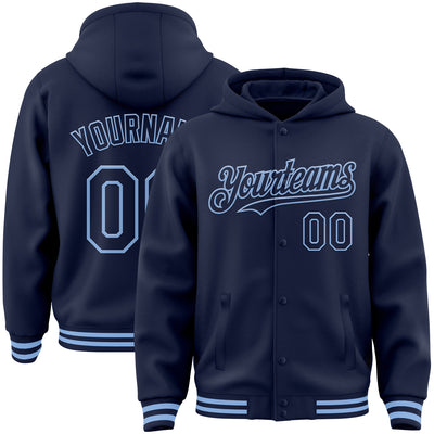 Custom Navy Light Blue Bomber Full-Snap Varsity Letterman Hoodie Jacket