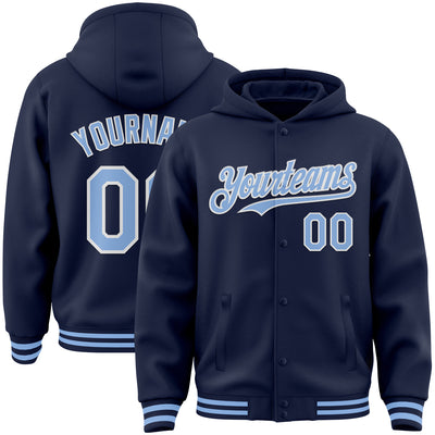 Custom Navy Light Blue-White Bomber Full-Snap Varsity Letterman Hoodie Jacket