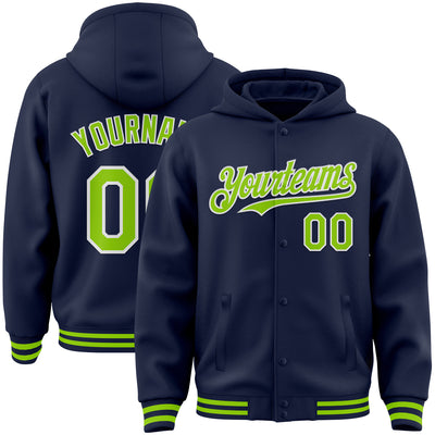 Custom Navy Neon Green-White Bomber Full-Snap Varsity Letterman Hoodie Jacket