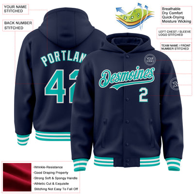 Custom Navy Aqua-White Bomber Full-Snap Varsity Letterman Hoodie Jacket