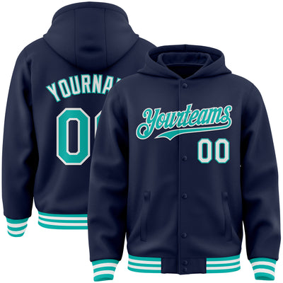 Custom Navy Aqua-White Bomber Full-Snap Varsity Letterman Hoodie Jacket