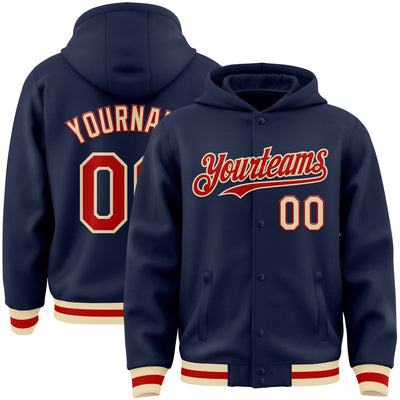 Custom Navy Red-Cream Bomber Full-Snap Varsity Letterman Hoodie Jacket