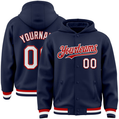 Custom Navy White-Red Bomber Full-Snap Varsity Letterman Hoodie Jacket