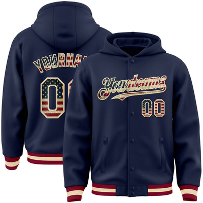 Custom Navy Vintage USA Flag Cream-Maroon Bomber Full-Snap Varsity Letterman Hoodie Jacket