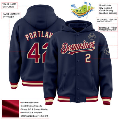 Custom Navy Maroon-Cream Bomber Full-Snap Varsity Letterman Hoodie Jacket