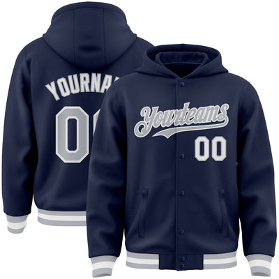 Custom Navy Gray-White Bomber Full-Snap Varsity Letterman Hoodie Jacket