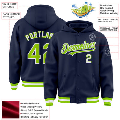 Custom Navy Neon Green-White Bomber Full-Snap Varsity Letterman Hoodie Jacket