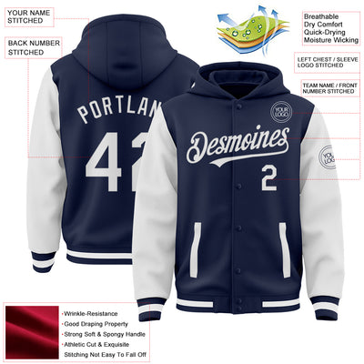 Custom Navy White Bomber Full-Snap Varsity Letterman Two Tone Hoodie Jacket