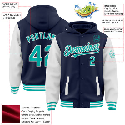 Custom Navy Aqua-White Bomber Full-Snap Varsity Letterman Two Tone Hoodie Jacket