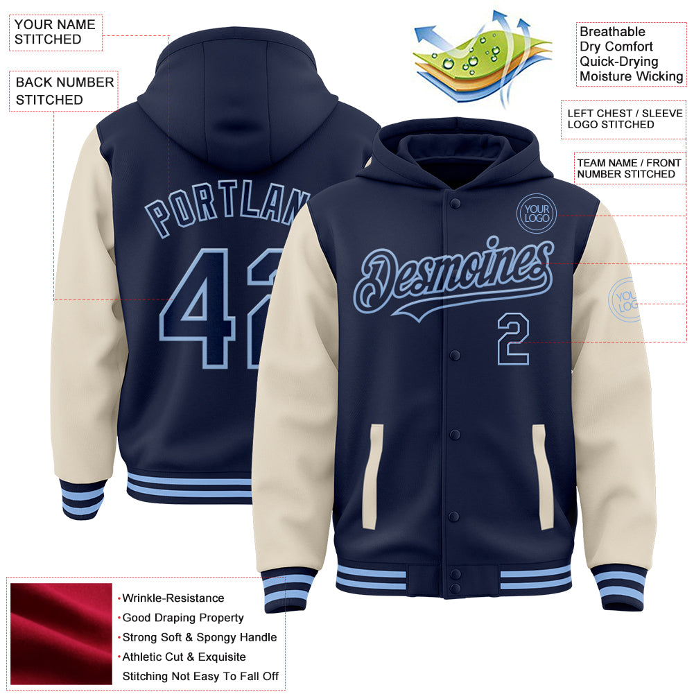 Custom Navy Cream-Light Blue Bomber Full-Snap Varsity Letterman Two Tone Hoodie Jacket