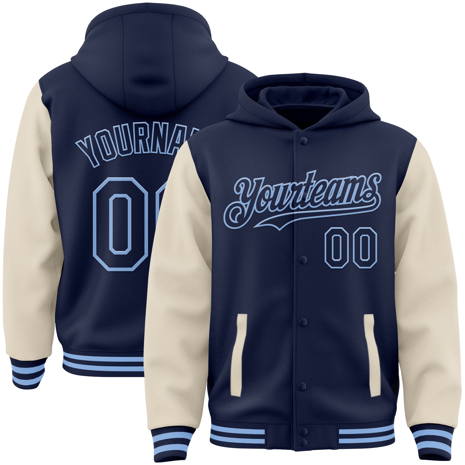 Custom Navy Cream-Light Blue Bomber Full-Snap Varsity Letterman Two Tone Hoodie Jacket