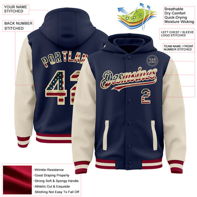 Custom Navy Vintage USA Flag Cream-Maroon Bomber Full-Snap Varsity Letterman Two Tone Hoodie Jacket