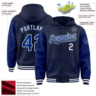 Custom Navy Royal-White Bomber Full-Snap Varsity Letterman Two Tone Hoodie Jacket