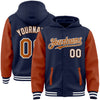 Custom Navy Texas Orange-White Bomber Full-Snap Varsity Letterman Two Tone Hoodie Jacket