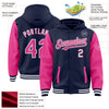 Custom Navy Pink-White Bomber Full-Snap Varsity Letterman Two Tone Hoodie Jacket