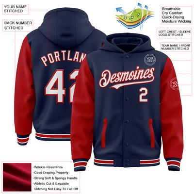 Custom Navy White-Red Bomber Full-Snap Varsity Letterman Two Tone Hoodie Jacket