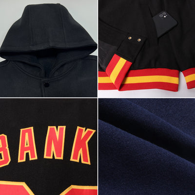 Custom Navy Red-Gold Bomber Full-Snap Varsity Letterman Two Tone Hoodie Jacket