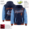 Custom Navy Light Blue-Orange Bomber Full-Snap Varsity Letterman Two Tone Hoodie Jacket